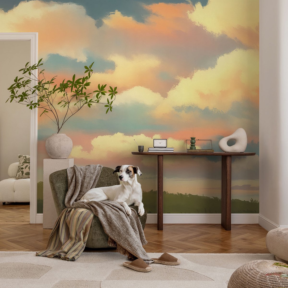 Coloray Vliesbehang - Oranje Snellijm Behang - 104x70 cm - Hemelwolken Fotobehang Vlies - Woonkamer behang Landschappen - Muurschildering - Hal behang
