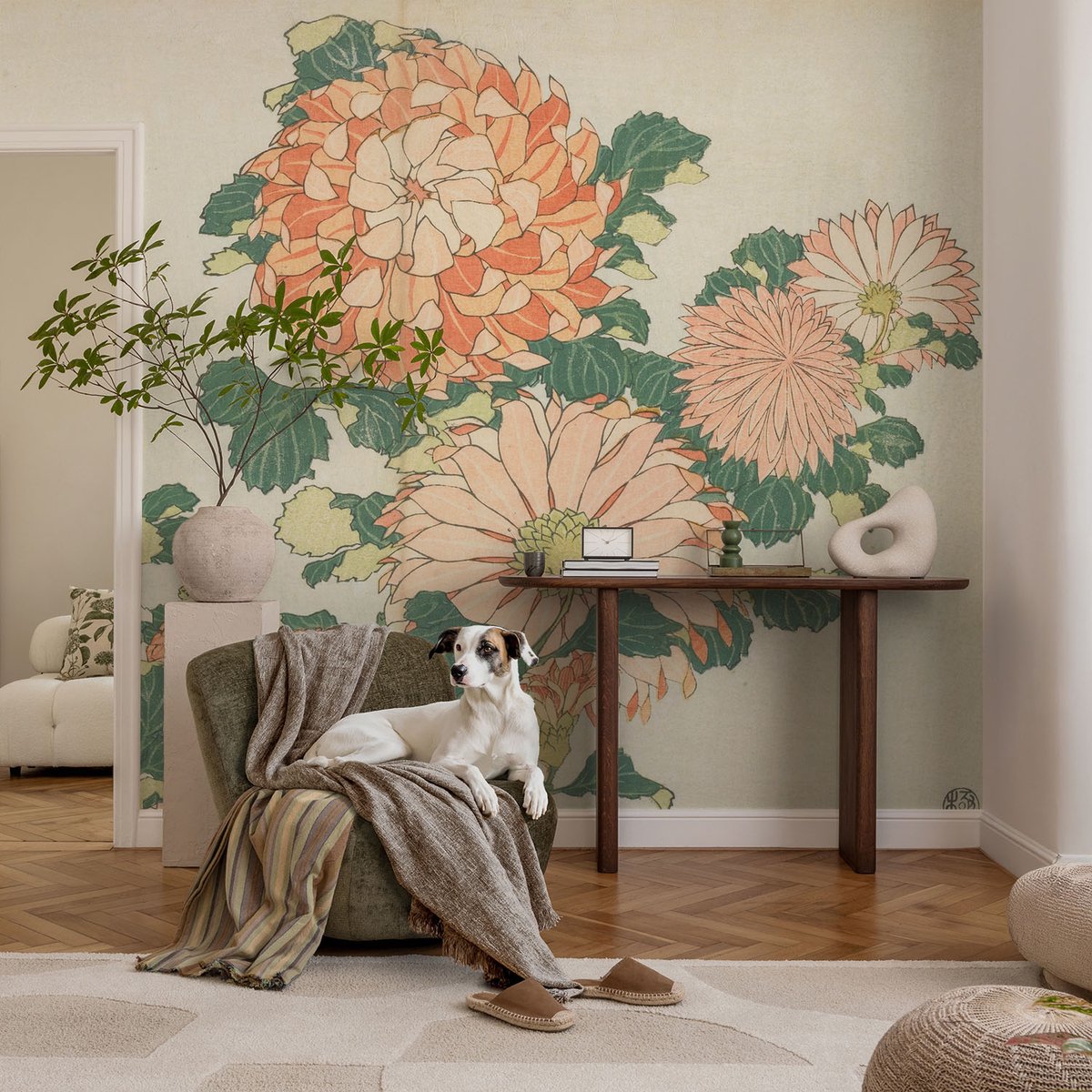 Coloray Vliesbehang - Romig Snellijm Behang - 104x70 cm - Chrysantenbloemen Muurschildering - Gang behang Bloemen En Planten - Fotobehang Vlies - Slaapkamer behang