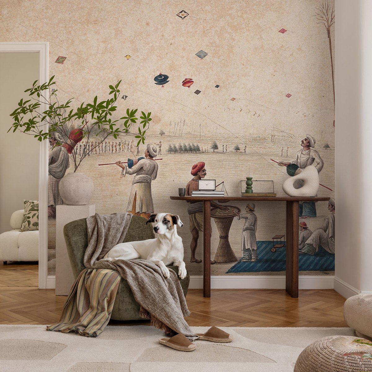Coloray Vliesbehang - Beige Snellijm Behang - 104x70 cm - Zweefvliegers Muurschildering - Slaapkamer behang Mensen - Fotobehang Vlies - Gang behang