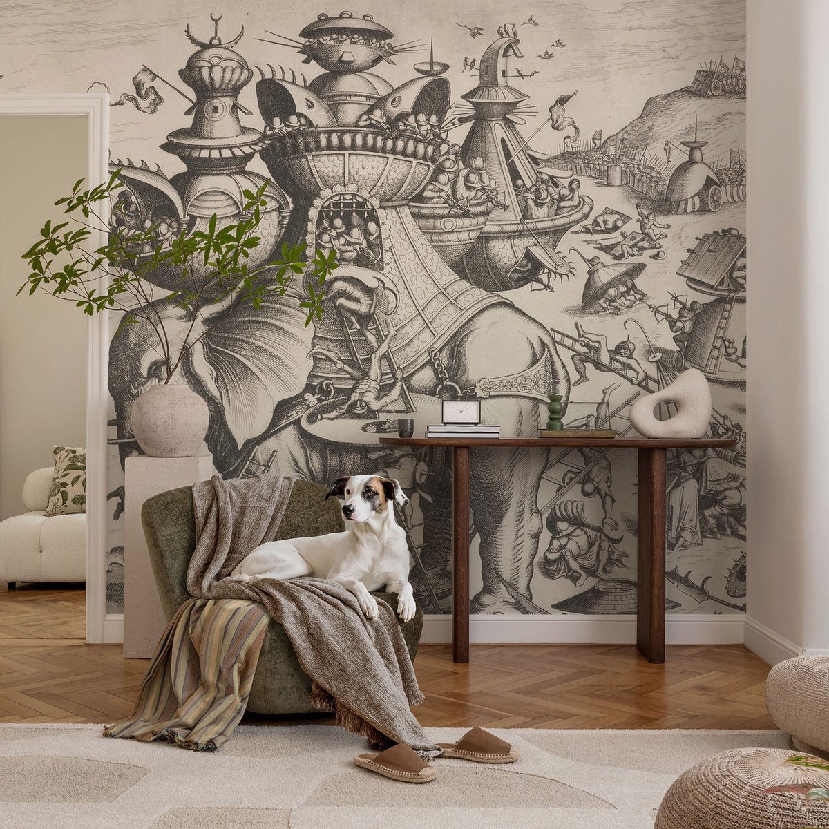 Coloray Vliesbehang - Zwart-Wit Snellijm Behang - 104x70 cm - Een Groteske Strijd Fotobehang Vlies - Hal behang Deel - Muurschildering - Woonkamer behang