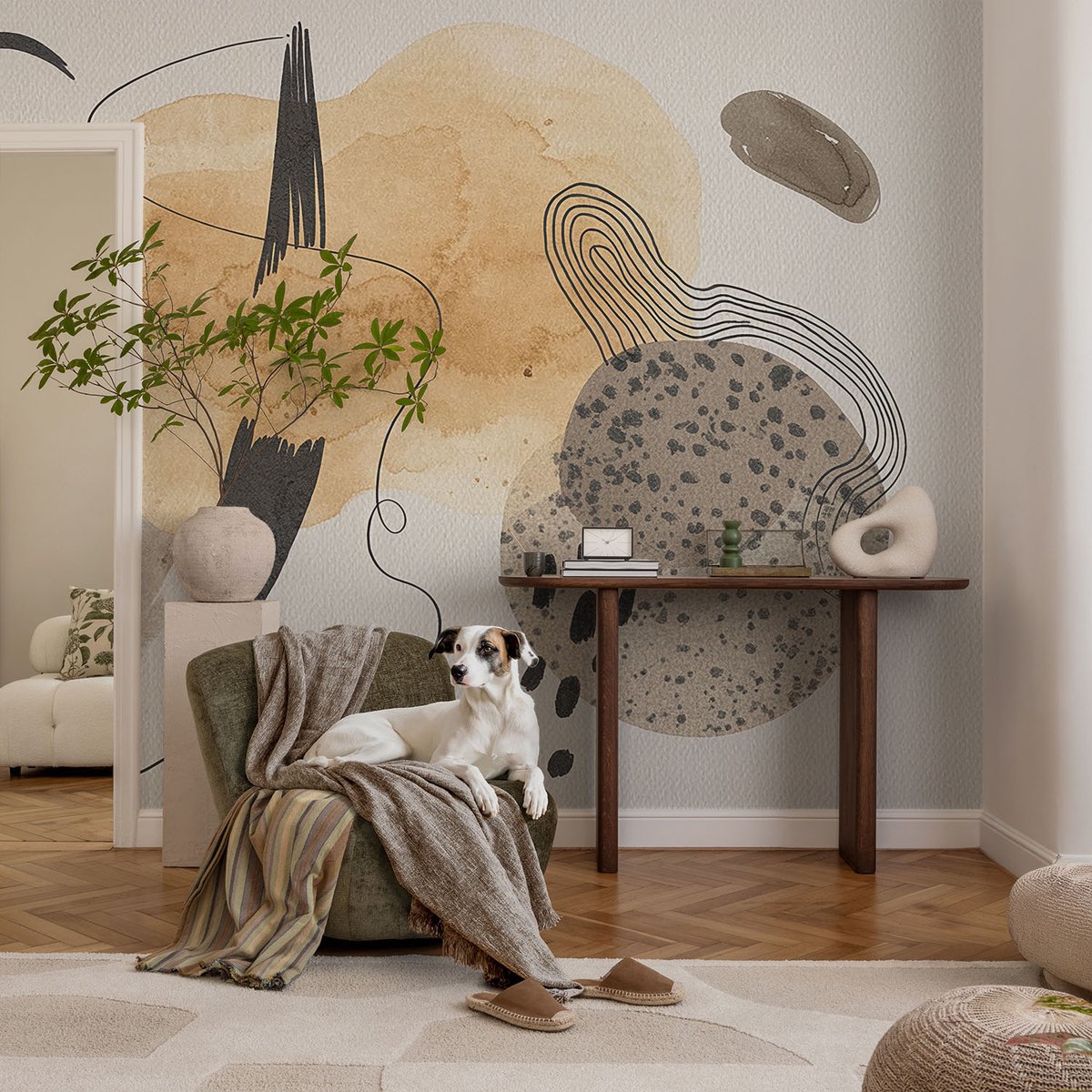 Coloray Vliesbehang - Beige Snellijm Behang - 104x70 cm - Abstracte Compositie Muurschildering - Gang behang Abstractie - Fotobehang Vlies - Gang behang