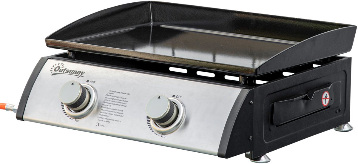Gasgrill met 2 branders-slang-antiaanbaklaag-roestvrijstalen grillplaat-kleur: zilver-48,5 x 48 x 21 cm