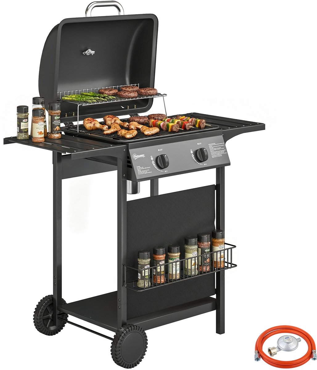 Gasbarbecue 5 kW met 2 branders-roestvrijstalen barbecuewagen inclusief bijzettafel-opvangbak-voorkap-thermometer en geëmailleerd grillrooster.