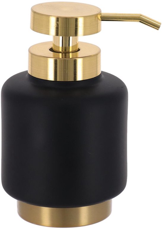 Zwarte zeepdispenser met gouden pomp en basis.