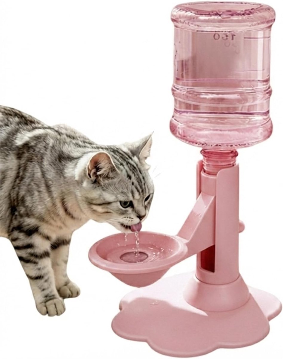Standaard voor drinkbak voor katten – In hoogte verstelbare standaard met morsbestendige drinkbak; met automatische watervoorziening; afneembaar en eenvoudig te reinigen; geschikt voor binnen en buiten (roze; inclusief voet en waterfles)