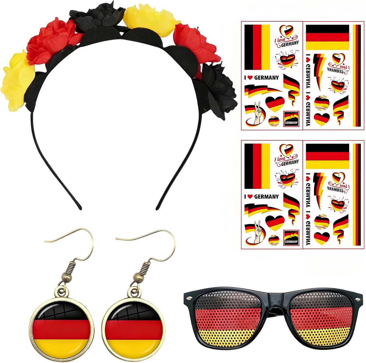 7-delig Duitsland Fanset voor Dames, Diadeem Oorbellen Zonnebril Tattoo Stickers, Fan Set voor Voetbal-WK & Voetbalfeesten