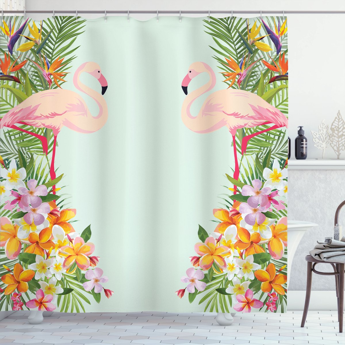 ABAKUHAUS Flamingo Douchegordijn, Tropic Bloemen Dieren, Stoffen Badkamerdecoratieset met Haken, 175 x 220 cm, Babyblauw Oranje