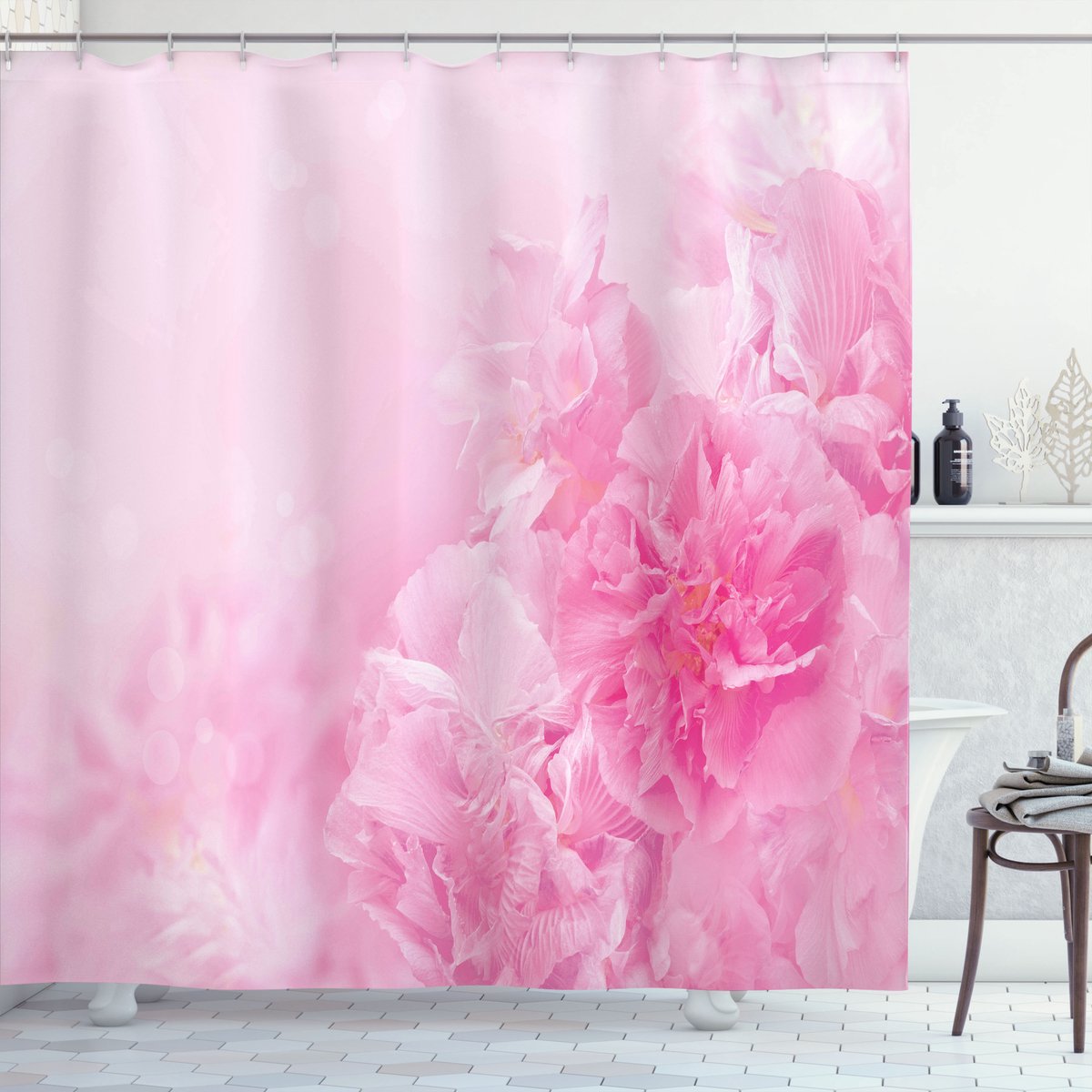 ABAKUHAUS Lichtroze Douchegordijn, Lente Flora Shabby, Stoffen Badkamerdecoratieset met Haken, 175 x 220 cm, Baby Roze