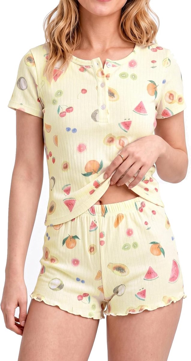 Pyjama voor dames, zomer, pyjama, katoen, korte pyjama, dames, 2 stuks, met shorts, casual, thuis, pyjama, ademend en comfortabel, maten S-XL