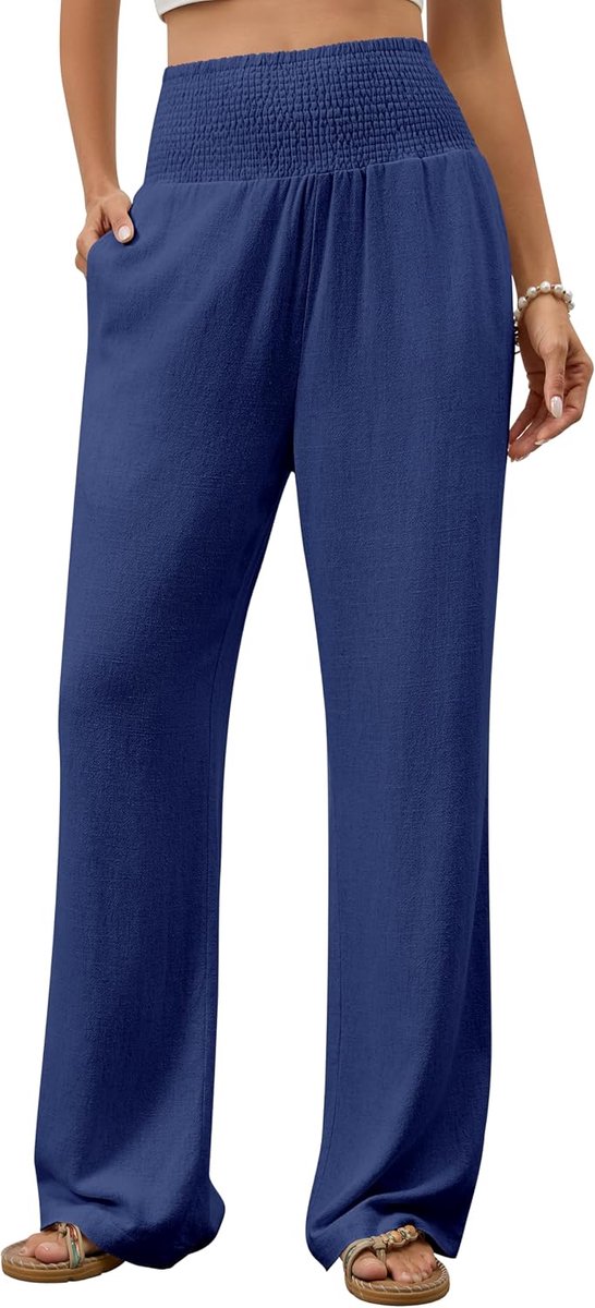 Broek voor dames, wijde pijpen, elegant, palazzo, casual, hoge taille, stoffen broek, lange lichte stoffen broek, plooiband met zakken