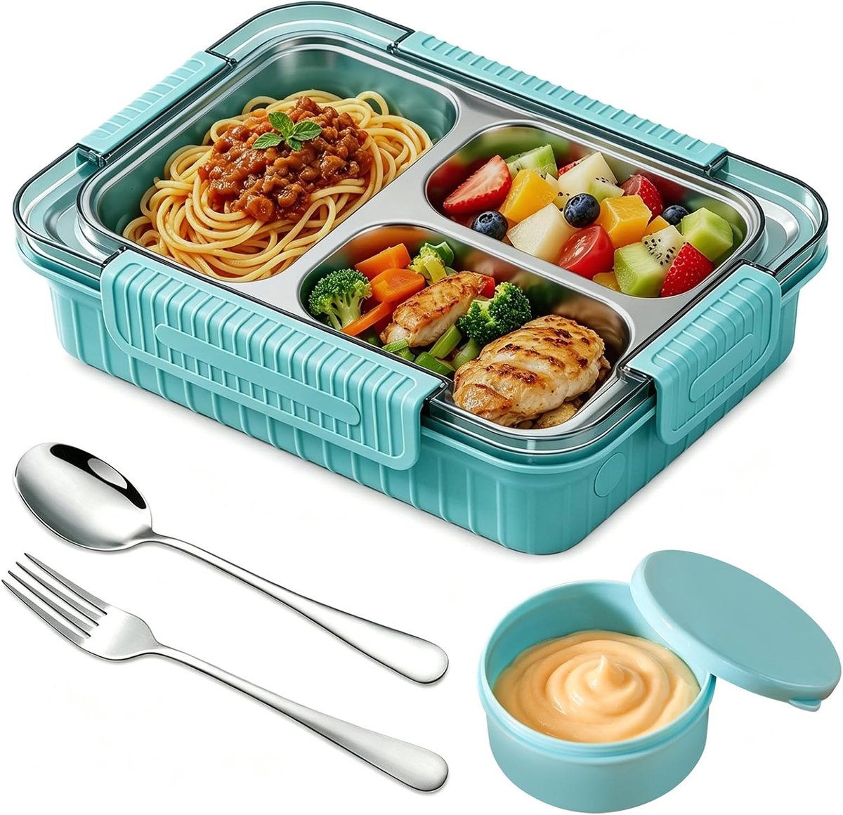 broodtrommel met vakken, 1000 ml, lunchbox roestvrij staal voor volwassenen, snackbox met 3 vakken, lekvrij, met deksel en sauzenbox, magnetronbestendig (blauw)