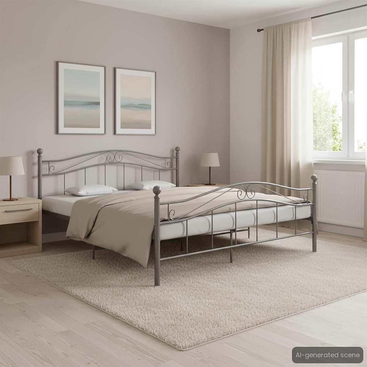 tweepersoonsbed 140 x 200 cm, robuuste structuur met mat grijze afwerking, modern en minimalistisch design, inclusief lattenbodem, eenvoudige montage, ideaal voor slaapkamers
