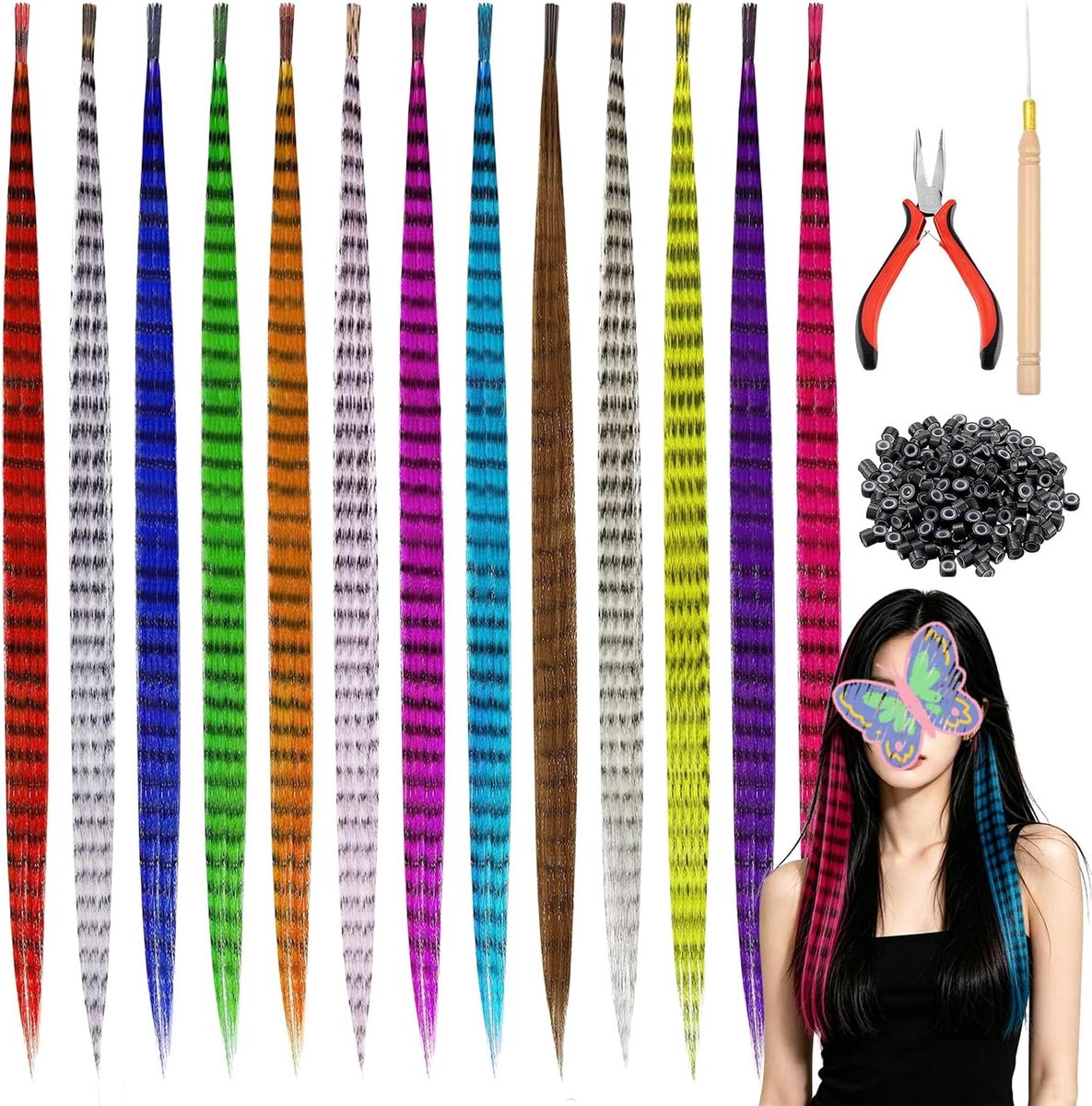 Feather Hair Extensions Set, 65 Stuks Extensions Haarstrengen Feather Extensions Haar 13 Kleuren Synthetische Haarstrengen met 100 Kralen en Haken, Tang voor Carnaval Party Festival
