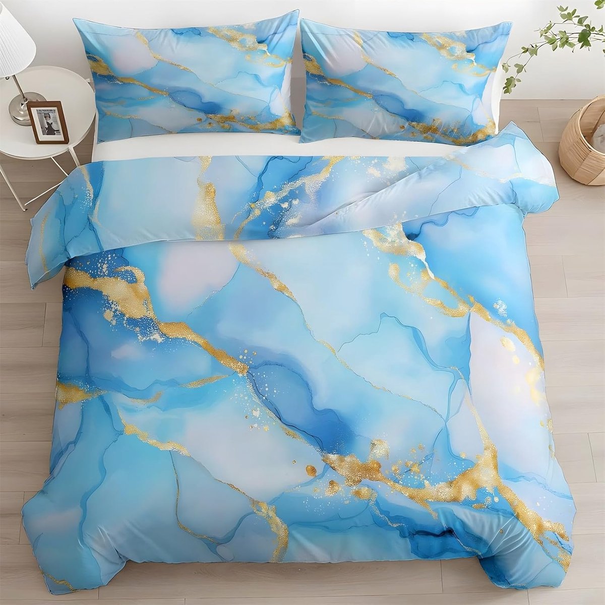 Eenpersoons Dekbedovertrek Set Marmeren Patroon Beddengoed Set Microfiber Lichtblauwe Dekbedovertrek met Kussenslopen Omkeerbaar Beddengoed Met Ritssluiting 120x150CM
