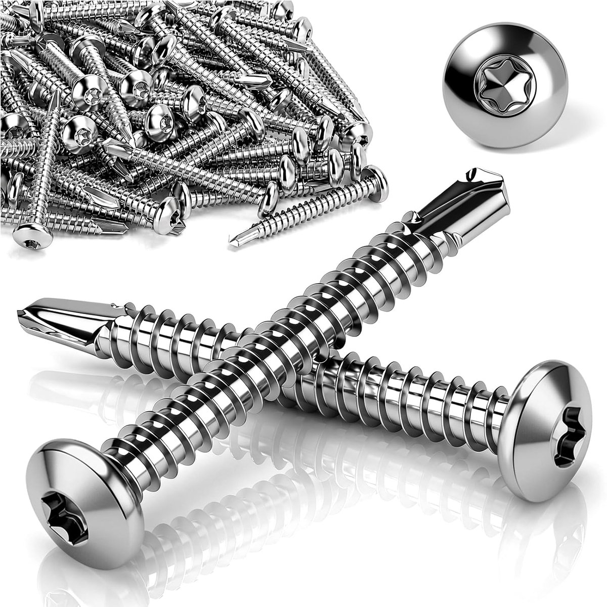 120 stuks boorschroeven, Torx, ronde kop, zelfborende schroeven, 5,5 x 50 mm, boorschroeven voor staal lenskop, zelfborende schroeven DIN 7504, roestvrij staal 410, zilver, plaatschroeven