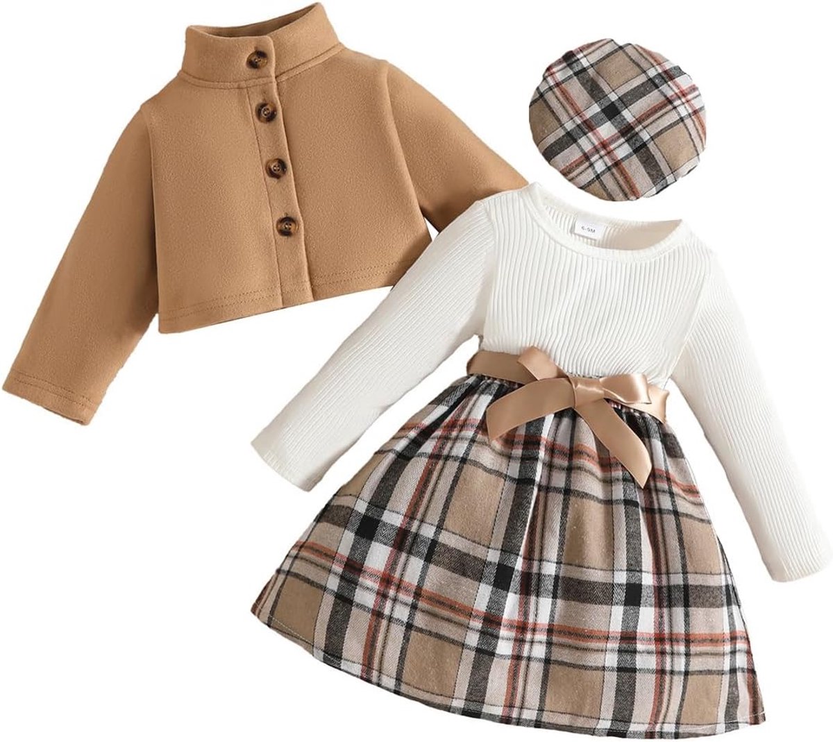 geruite geribbelde jurk voor babymeisjes, jas en baret, 3-delige outfit