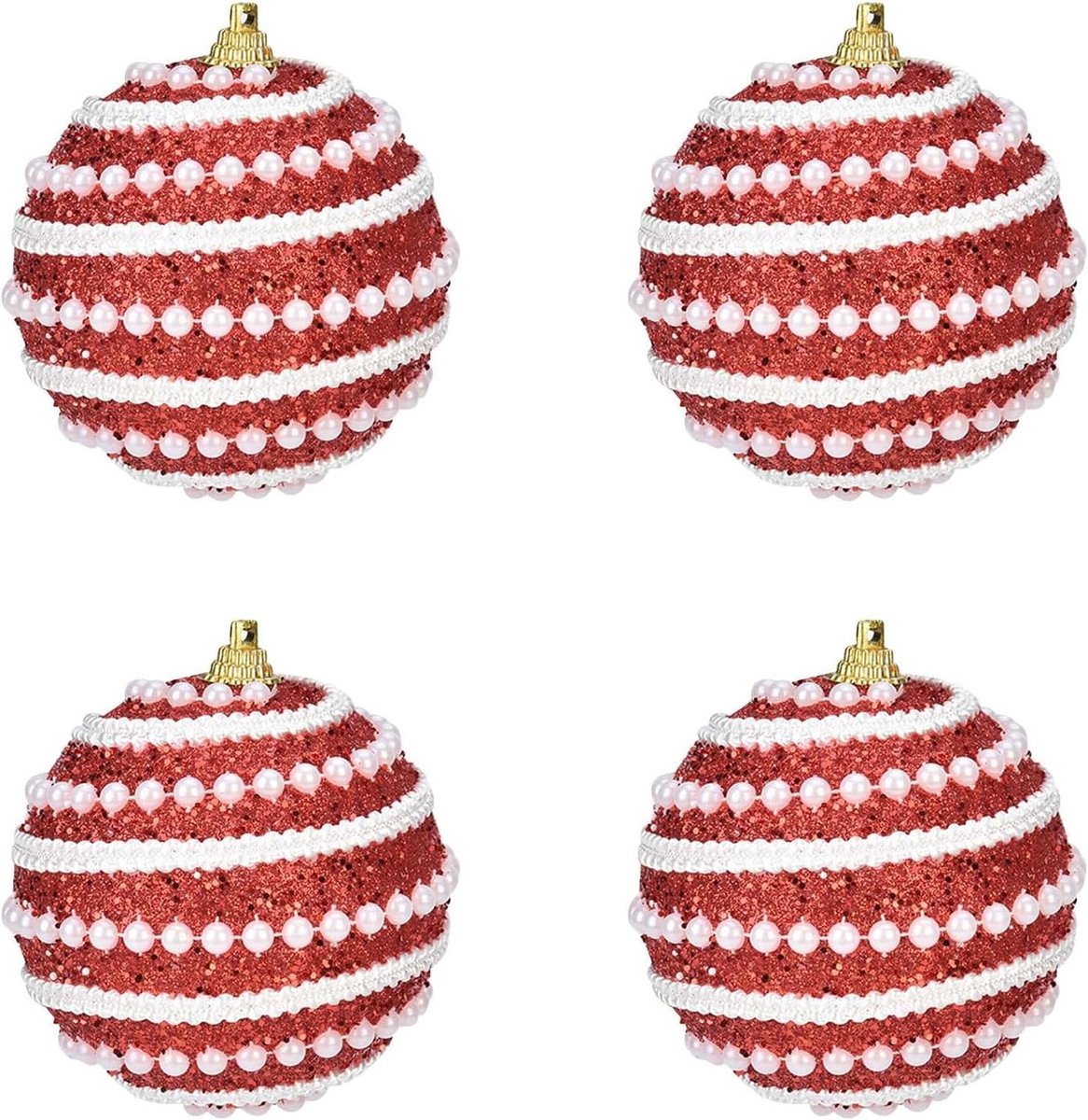 Kerstballen, 4 stuks, 8 cm, pareldraad, kerstdecoraties, schuimballen, kunststof set, kerstversiering, rood
