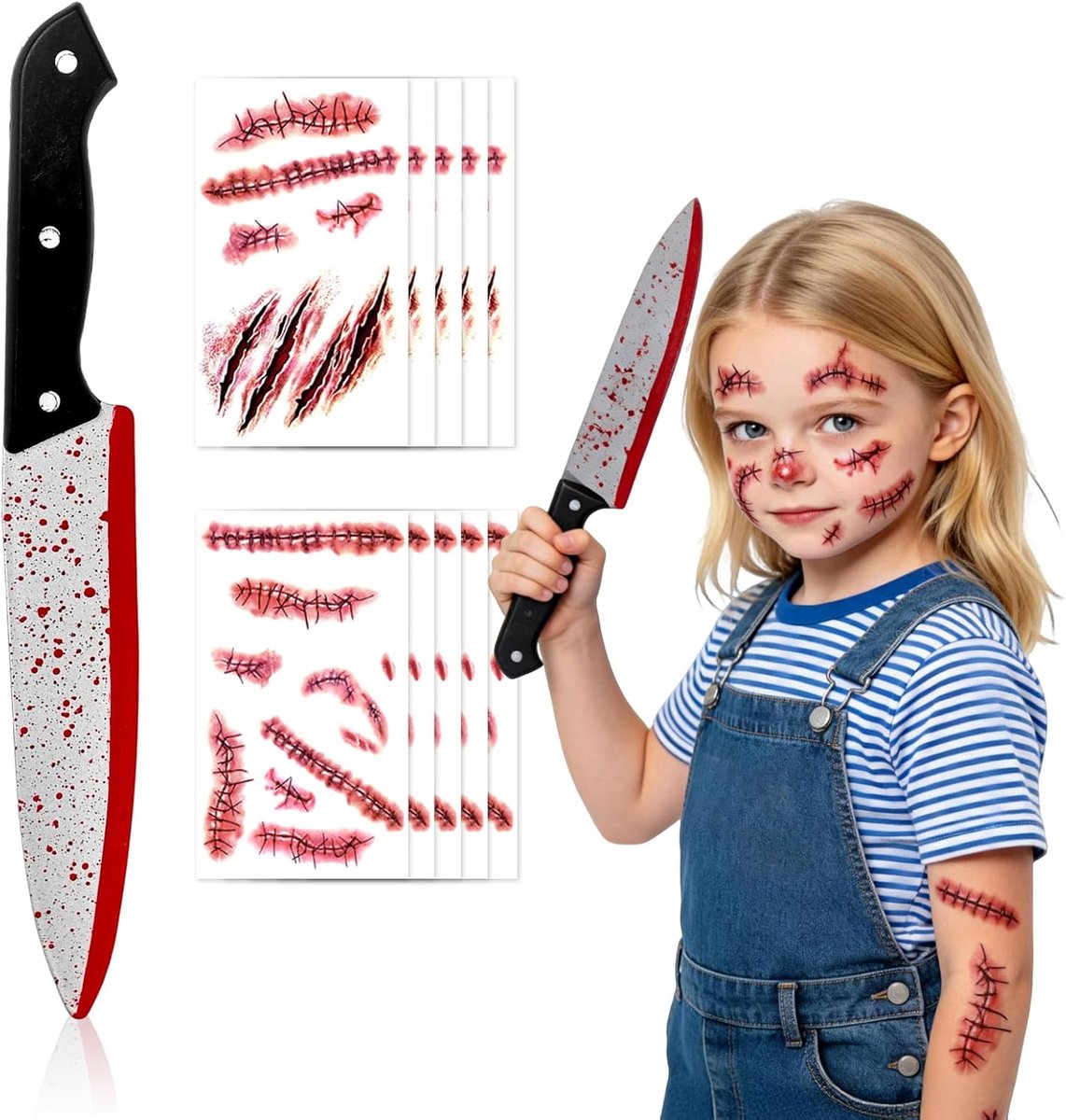 Halloween-Messen met Bloed, Set Van 2, Nep-Messen voor Scream-Kostuum, Horrorkostuum, Halloween-Accessoires voor Zombie, Moordenaar, Slachter, Killer, Carnaval, Themafeest, Cosplay