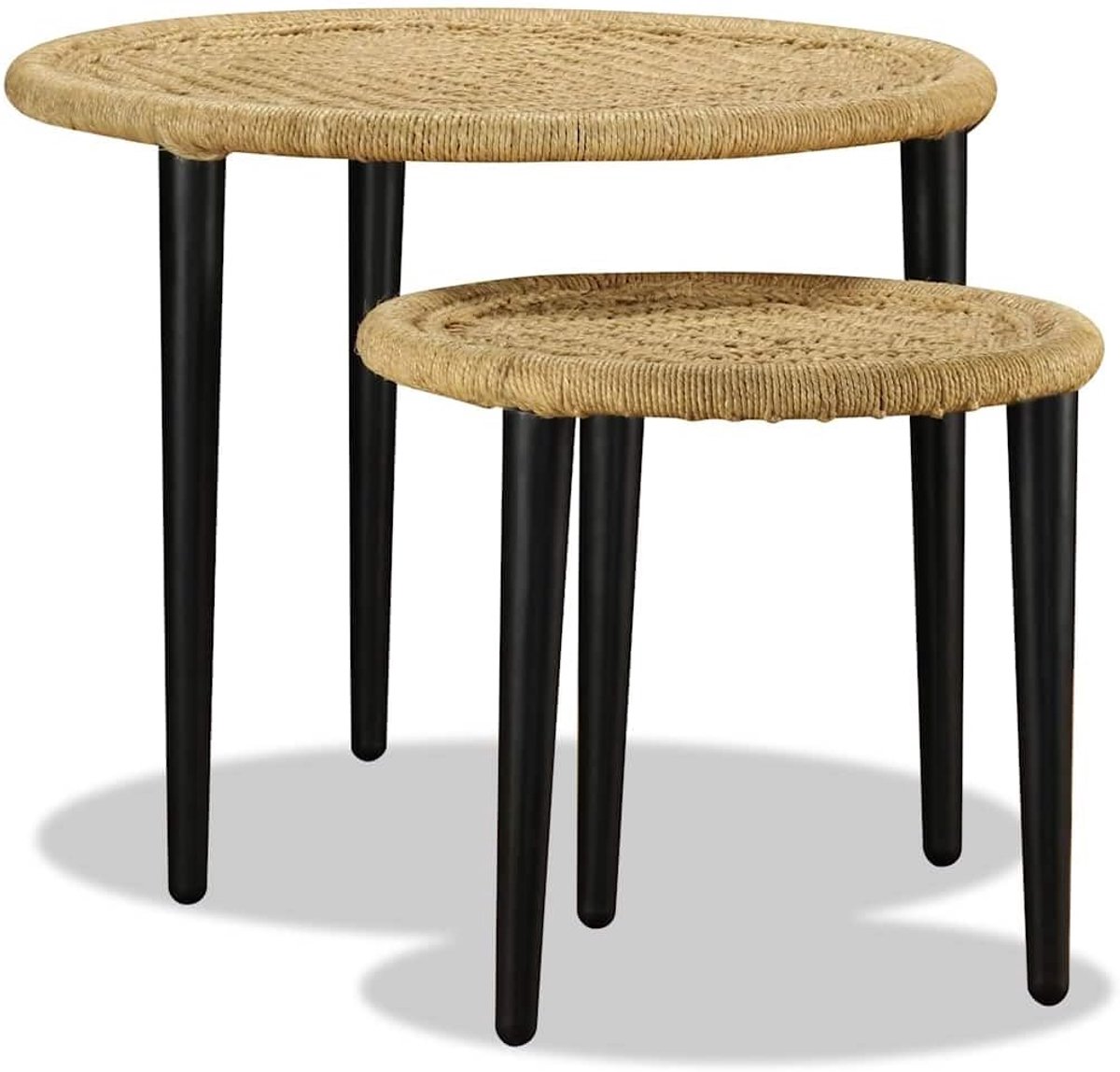 2-delig, van natuurlijk jute met robuust stalen frame, handgevlochten tafelbladen voor woonkamer, bijzettafel of plantenstandaard, rustiek design, twee tafels