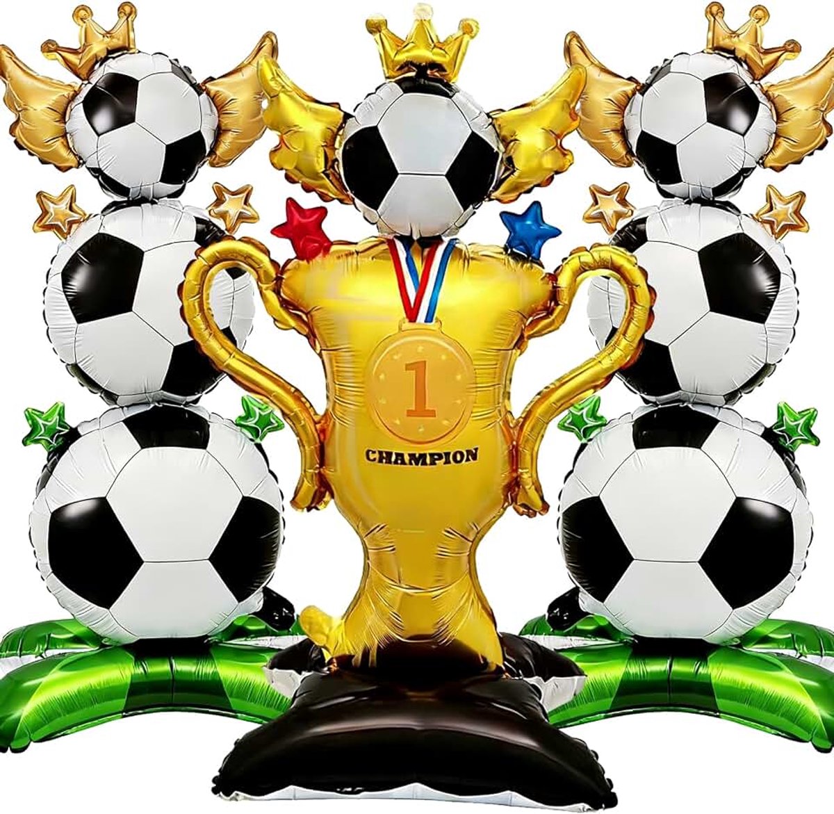 3 stuks ballonnen in de vorm van een voetbal van aluminium, met grote voetbal- en trofee, grote trofee, decoratie XXL ballonnen met thema voetbal