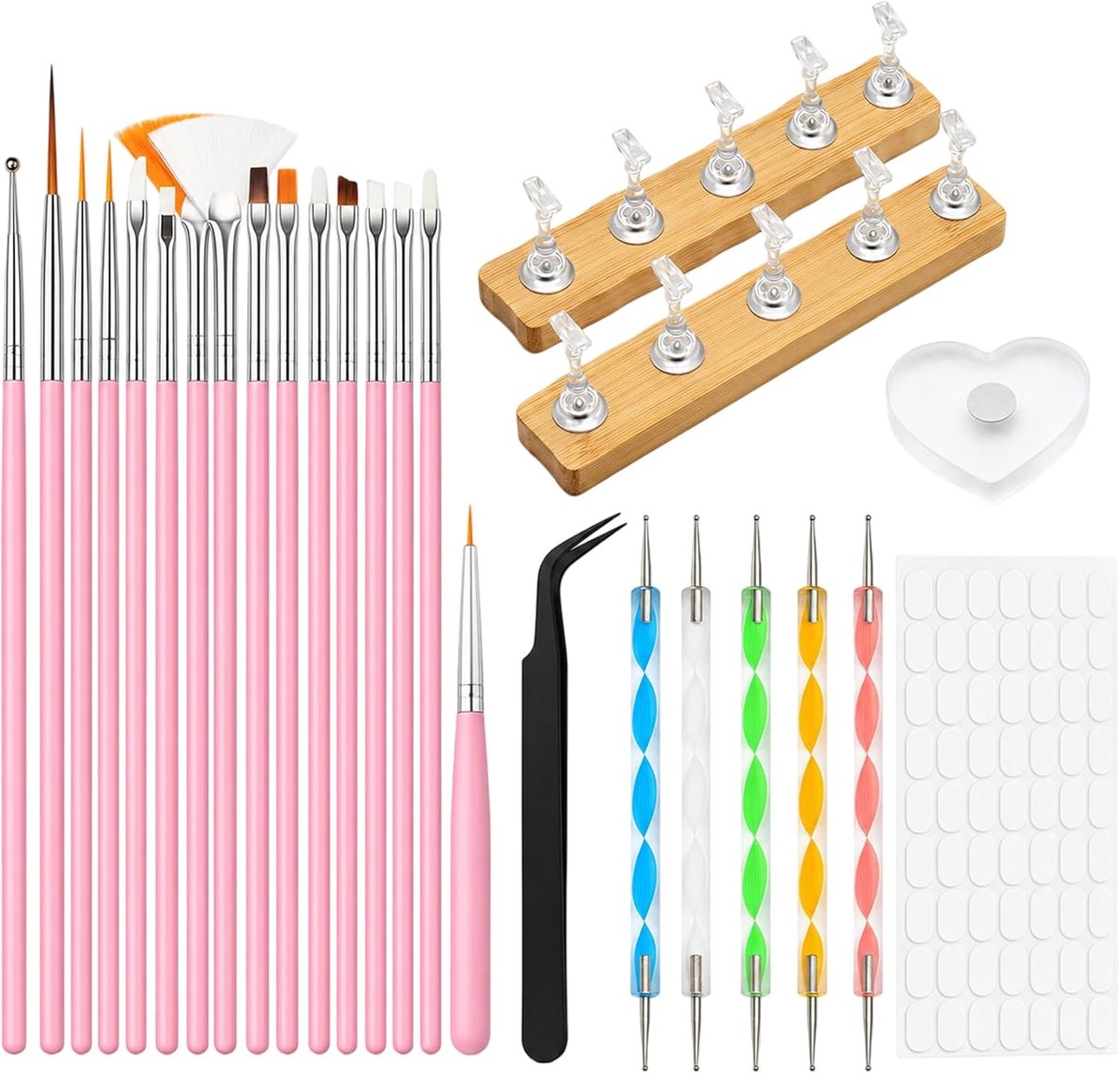 Gereedschapsset, 15 Penselen + 5 Dotting Pennen + Nagelstandaard, Complete Nagelaccessoires voor DIY Manicure Salon & Beginners