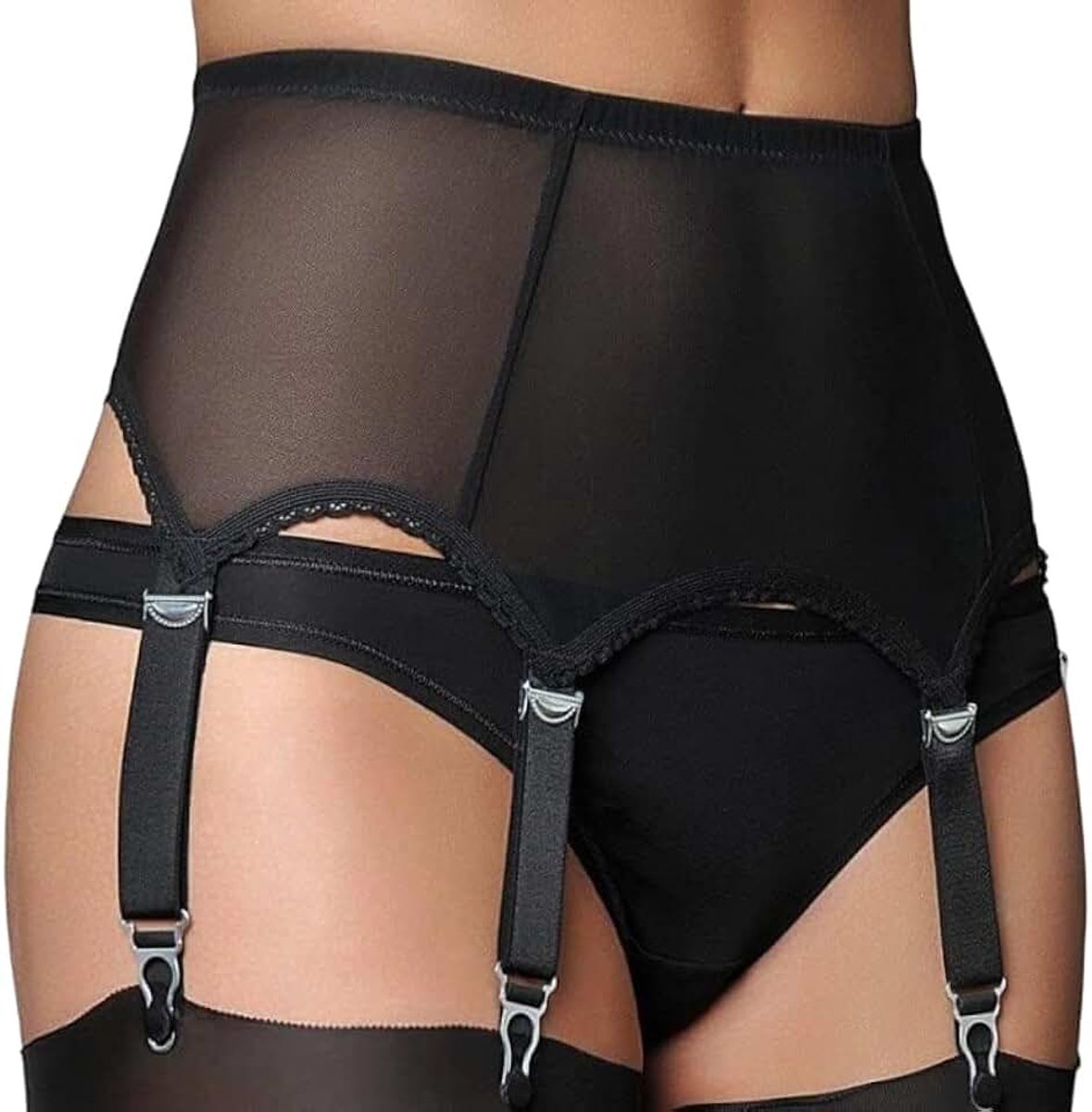 Jarretelgordel voor dames, jarretelgordel, sexy set, kousenhouder, kant, grote maat, zwarte kousen voor kousenhouder, lingerie met 6 verstelbare bandjes, Zwart, XL/XX