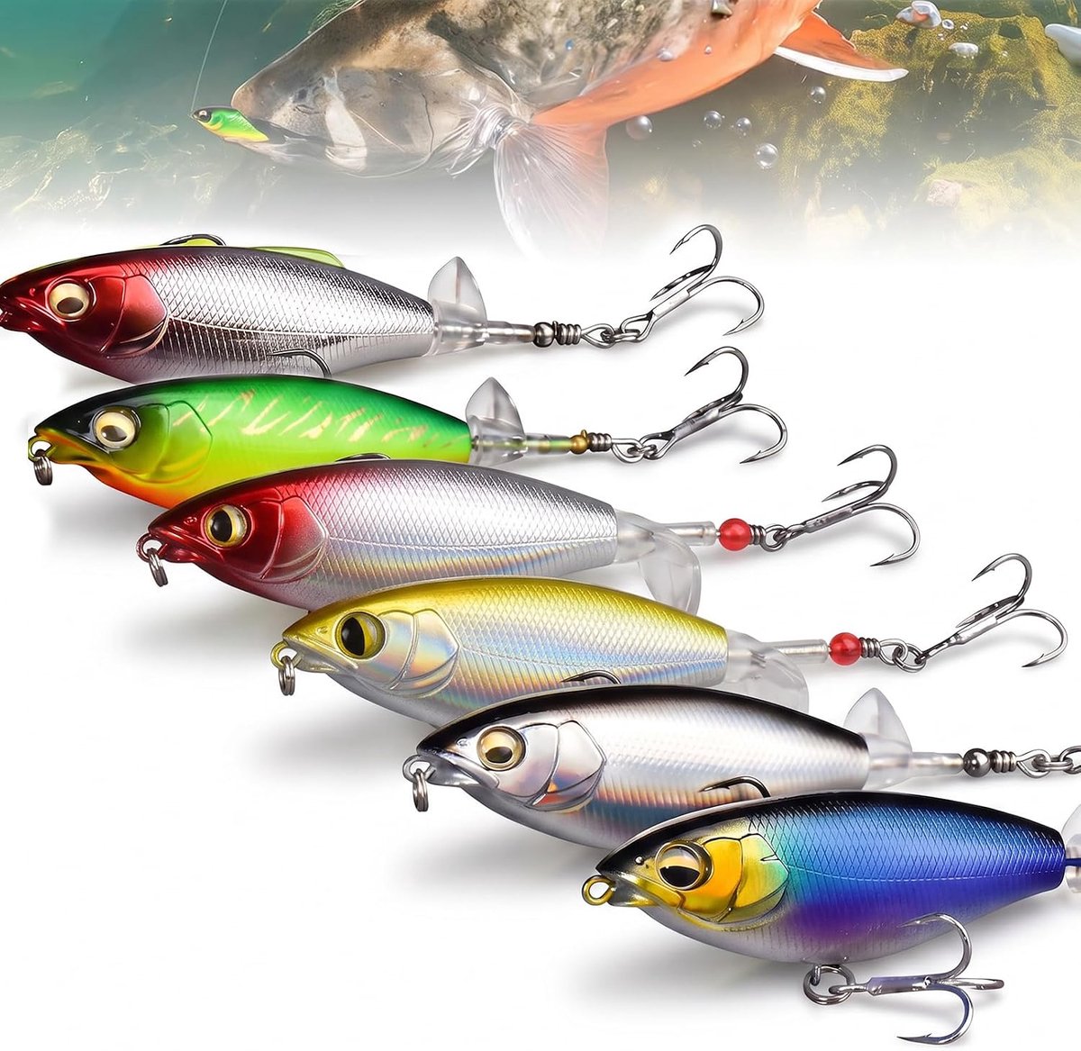 6 stuks Topwater visaas, snoek wobbler rubberen vis aas levensecht