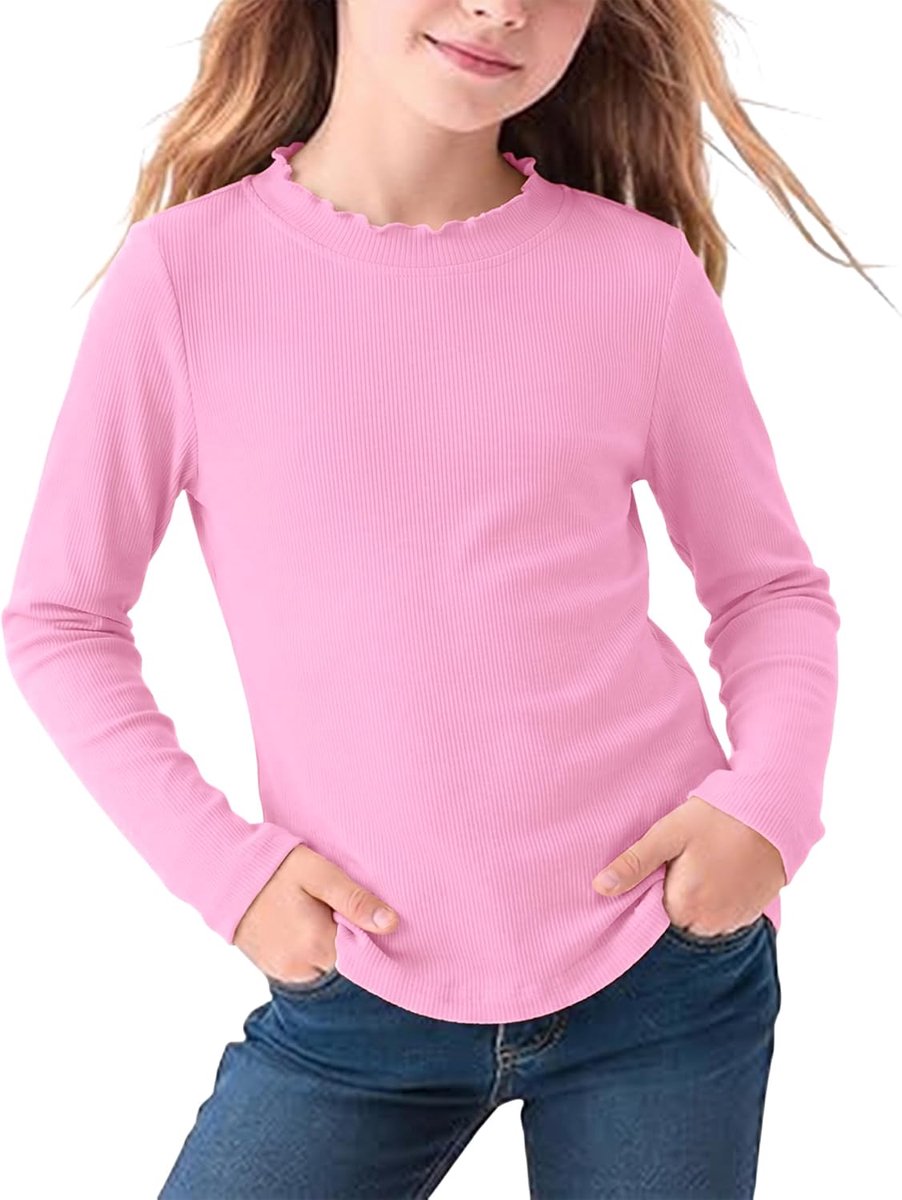 tops voor meisjes met ruches en ronde hals en lange mouwen