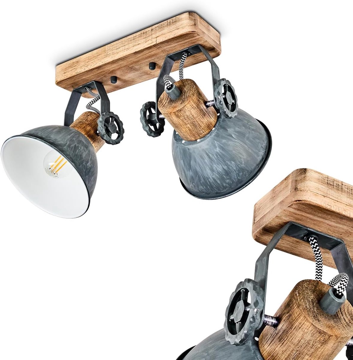 plafondlamp, 2 vlammen, met verstelbare spots, plafondlamp van metaal/hout in grijs/wit/bruin, 2 x E27-fitting, spot in retro/vintage design, zonder gloeilampen