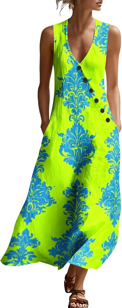 Sommerkleid Damen Leicht und Luftig Strandkleid Lang Baumwolle Freizeitkleid Elegant V-Ausschnitt Ärmellos Partykleid Casual Einfarbig Sommerkleider Luftige Trägerkleid Maxikleid Sommer Mit Taschen