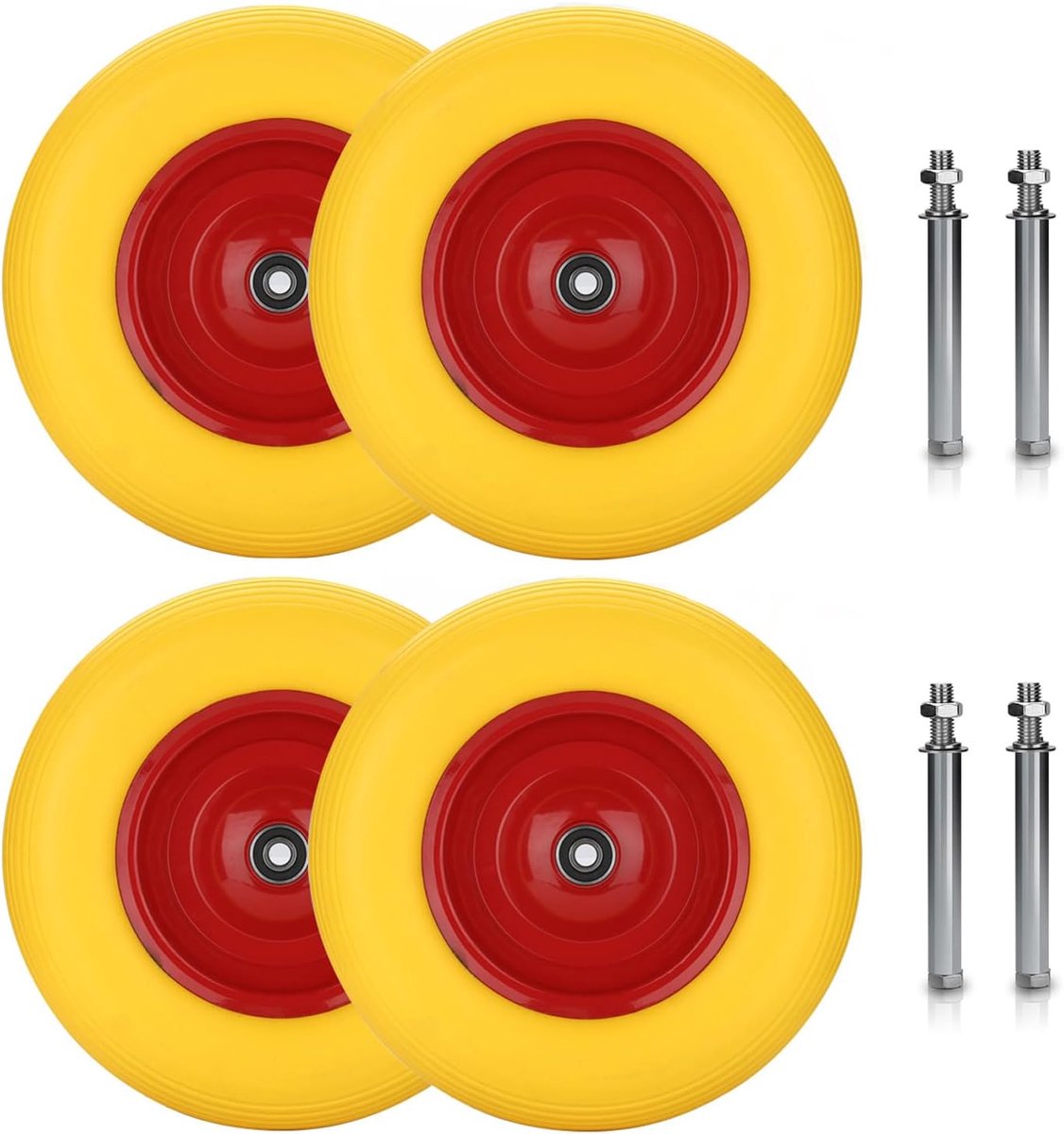 Kruiwagenwiel, massief rubber, lekvrij, 4,80/4,00-8, Ø 390 mm, met as, 200 kg draagkracht, reservewiel, rubberen velg voor kruiwagen, geel/rood, 4 stuks
