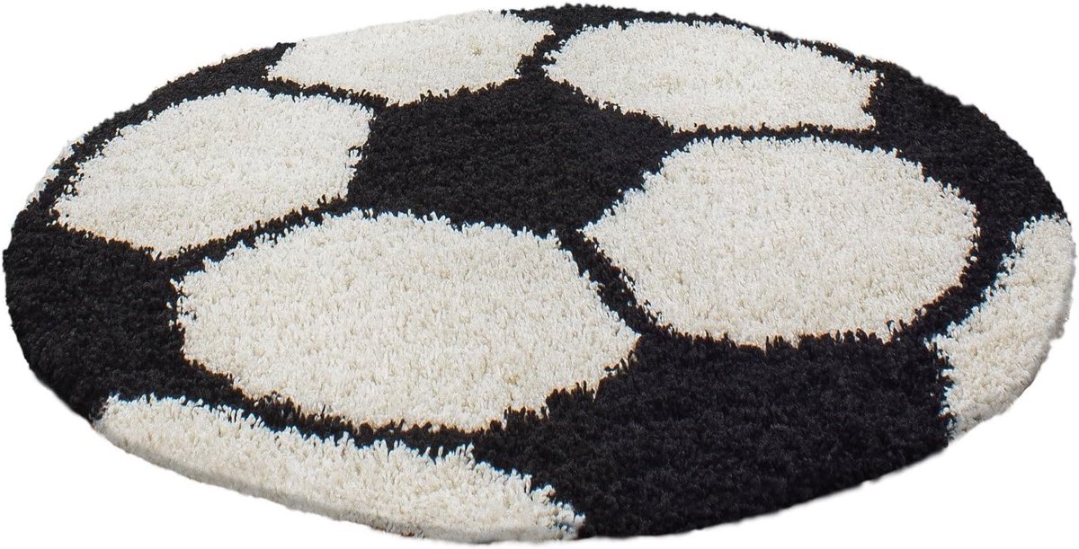 Vloerkleed, Kleur Zwart, voetbal ontwerp, 12340, Vloerkleed Rond, Vloerkleed kinderkamer babykamer, 100 cm Rond