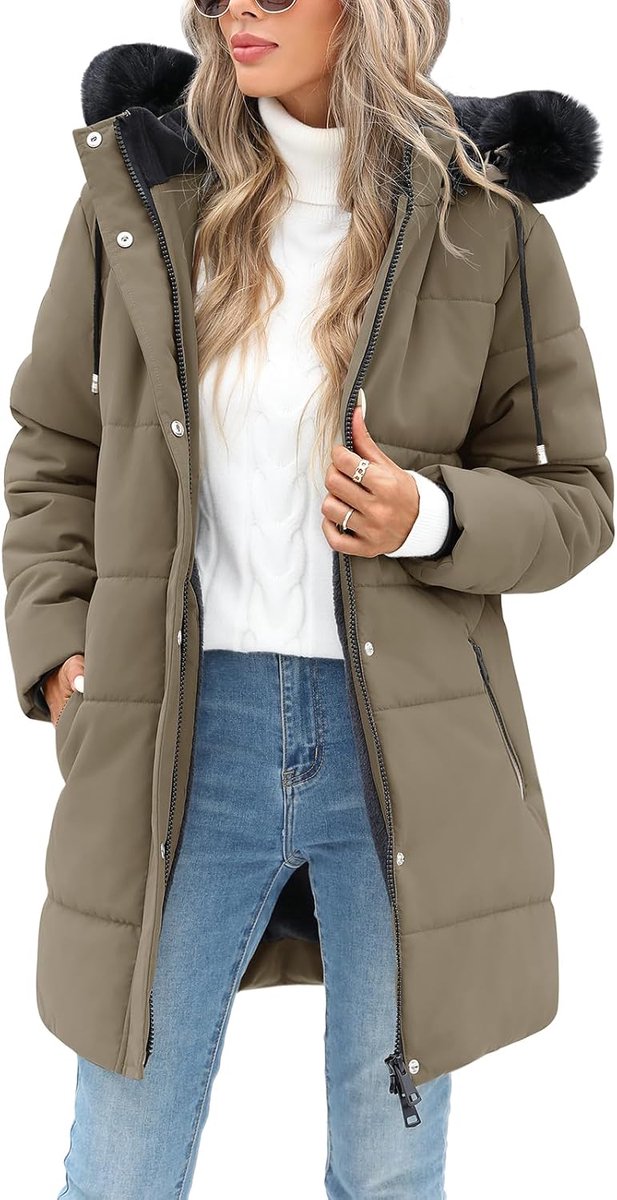 Winterjas voor dames, lange winterjassen voor dames, warm, winter, fleece, gevoerd, met capuchon, jas, mantel, parka, opstaande kraag, overgangsjas, gewatteerde jas, outdoorjas, capuchonjas