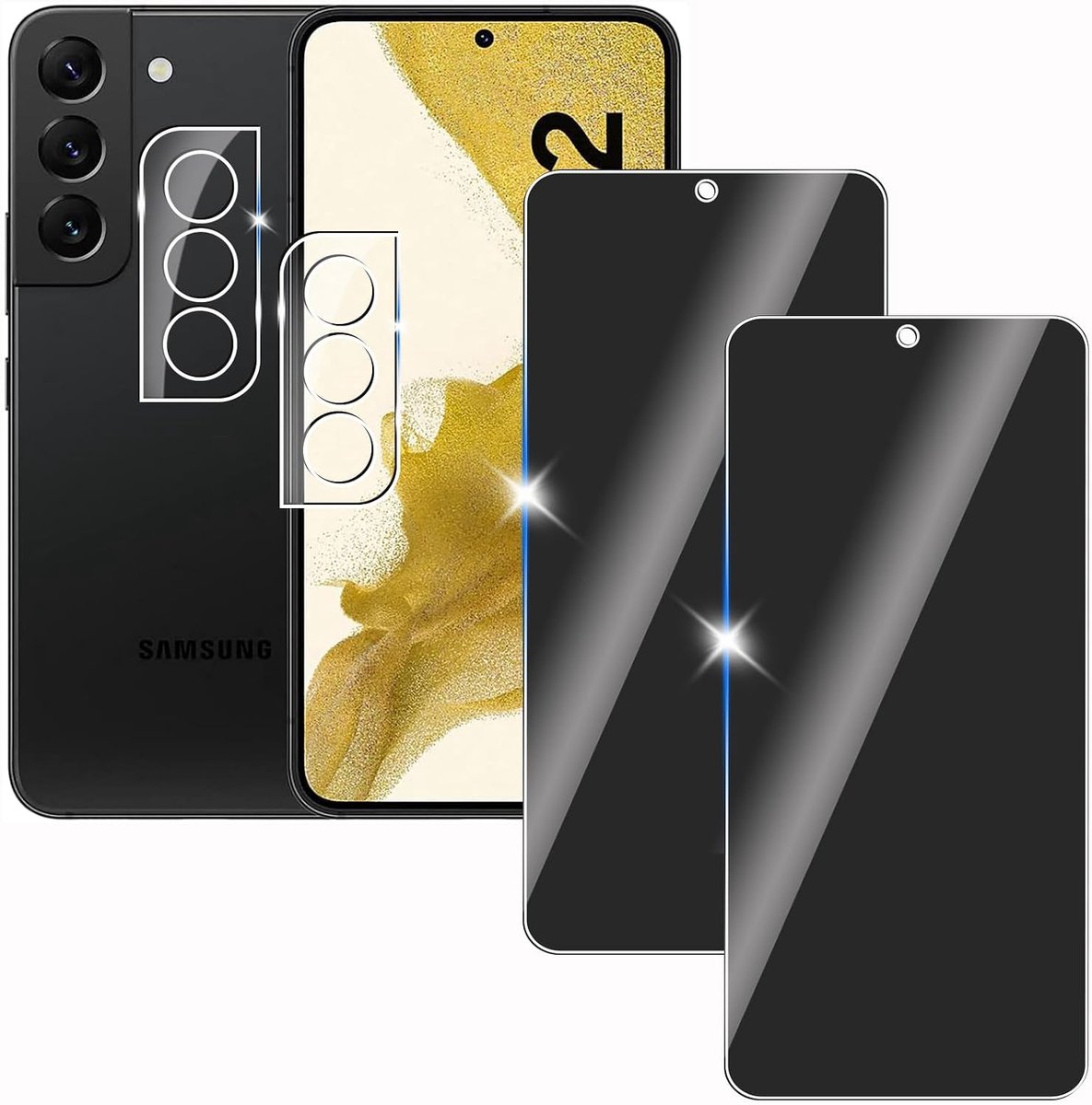 【2+2 stuks】voor Samsung galaxy S22 privacy scherm met camera beschermer, anti-snoop privacy film, anti-spion beschermglas film,privacy scherm, 9H hardheid, krasbestendig