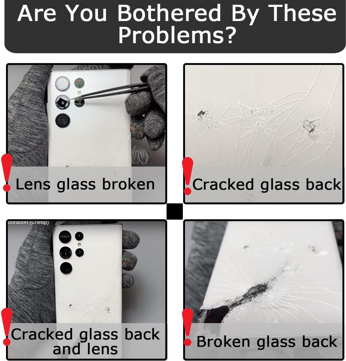 Voor Samsung voor Galaxy S22 Ultra Achterkant Cover Glas Vervanging Cover Behuizing Deurpaneel met Vooraf Geïnstalleerde Camera Lens en Tape, Reparatie Tool Kit inbegrepen (zwart)