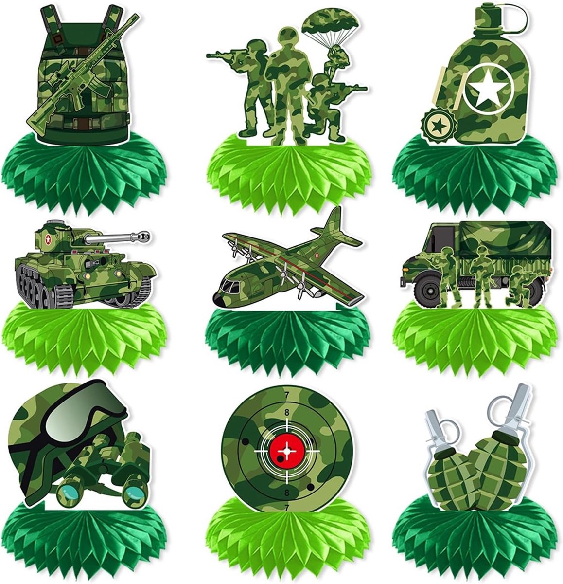 9 stuks camouflage militaire feestdecoratie, camouflage militaire tafeldecoratie, groen thema, verjaardagsfeestdecoratie, kinderfeestdecoratie, tafelopzetstukken