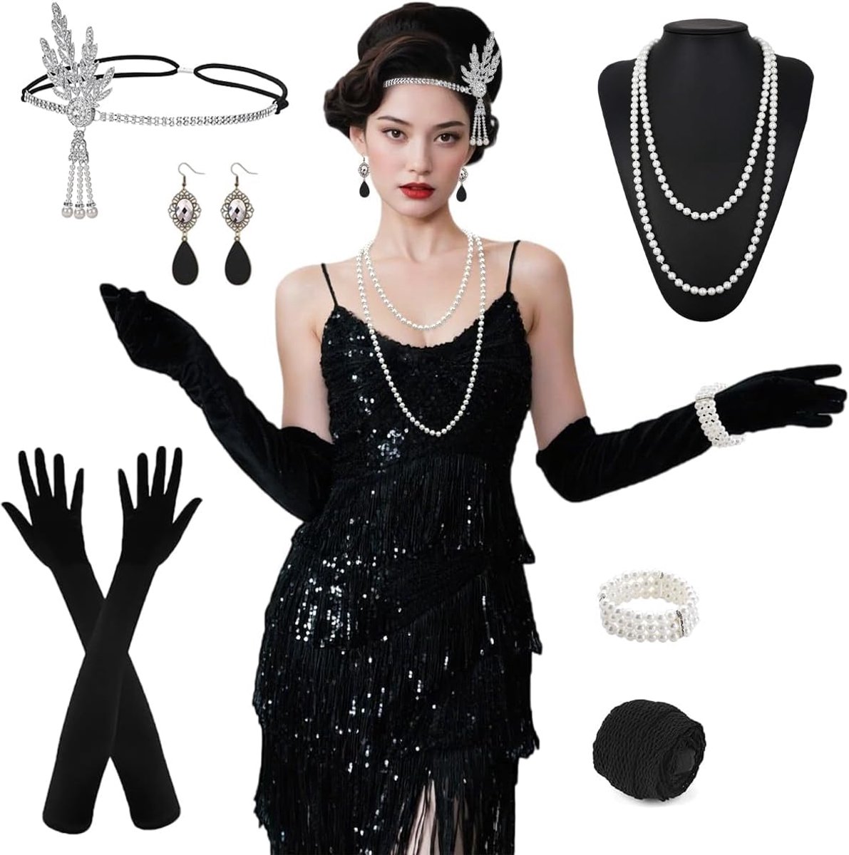 Dameskostuum uit de jaren 20, Charlestonjurk met franjes en pailletten, vintage stijl, flapperjurk met accessoires voor themafeest, carnaval, Halloween, dans, avondfeest, elegant
