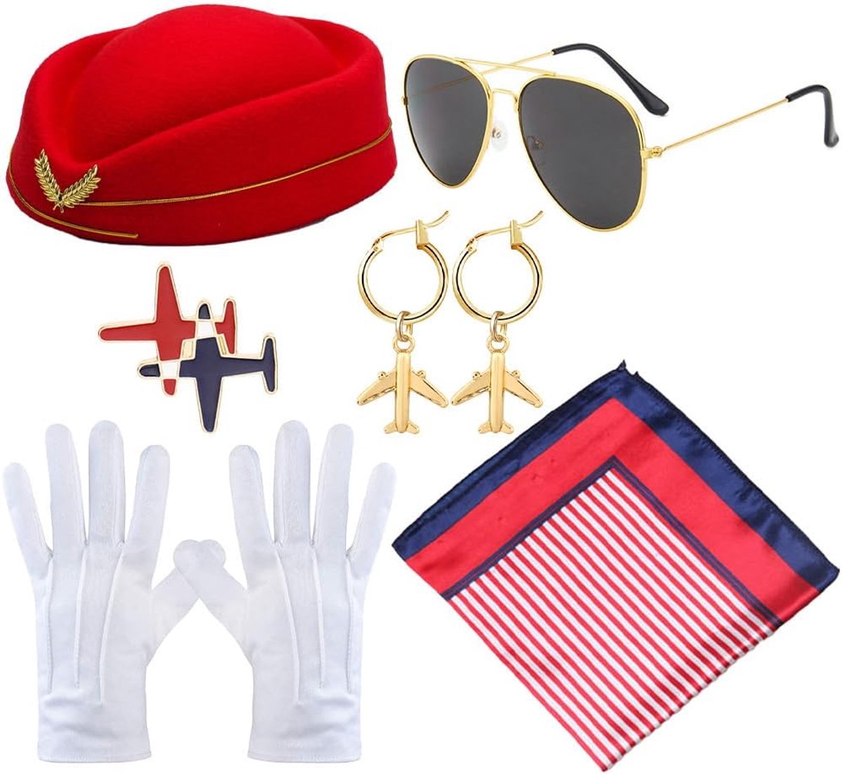 5-delig Stewardes-kostuumaccessoires voor dames, cosplay, handschoenen, bril, sjaal, broche, baret voor volwassenen, kostuums en thema-evenementen