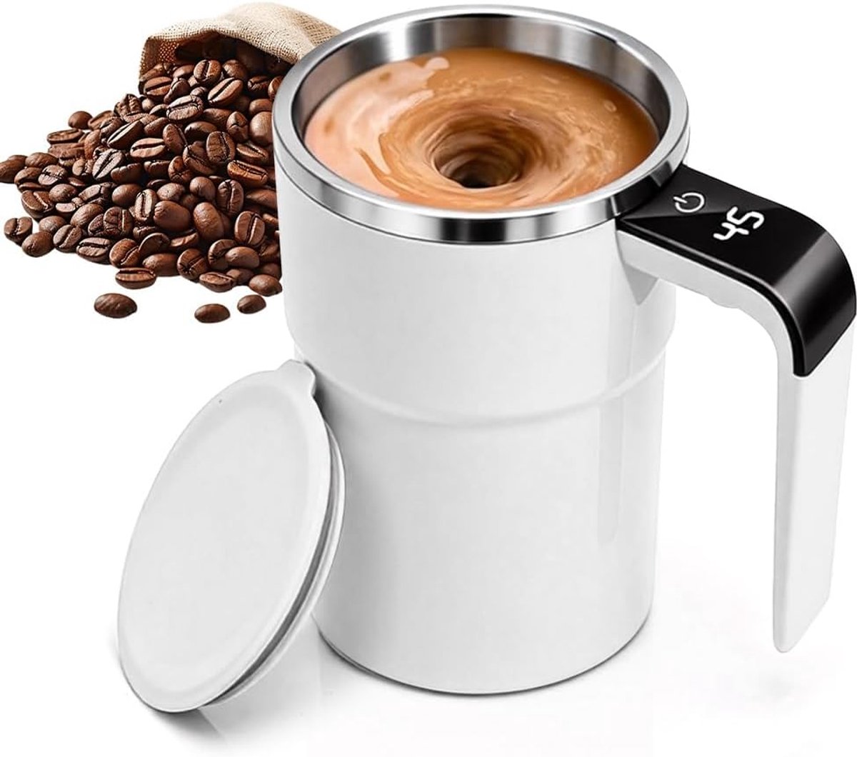 Mok, zelfroerende beker met temperatuurweergave, 304 roestvrij staal, magnetische elektrische shaker met handvat voor warme chocolade, koffie, melk (wit, 380 ml)