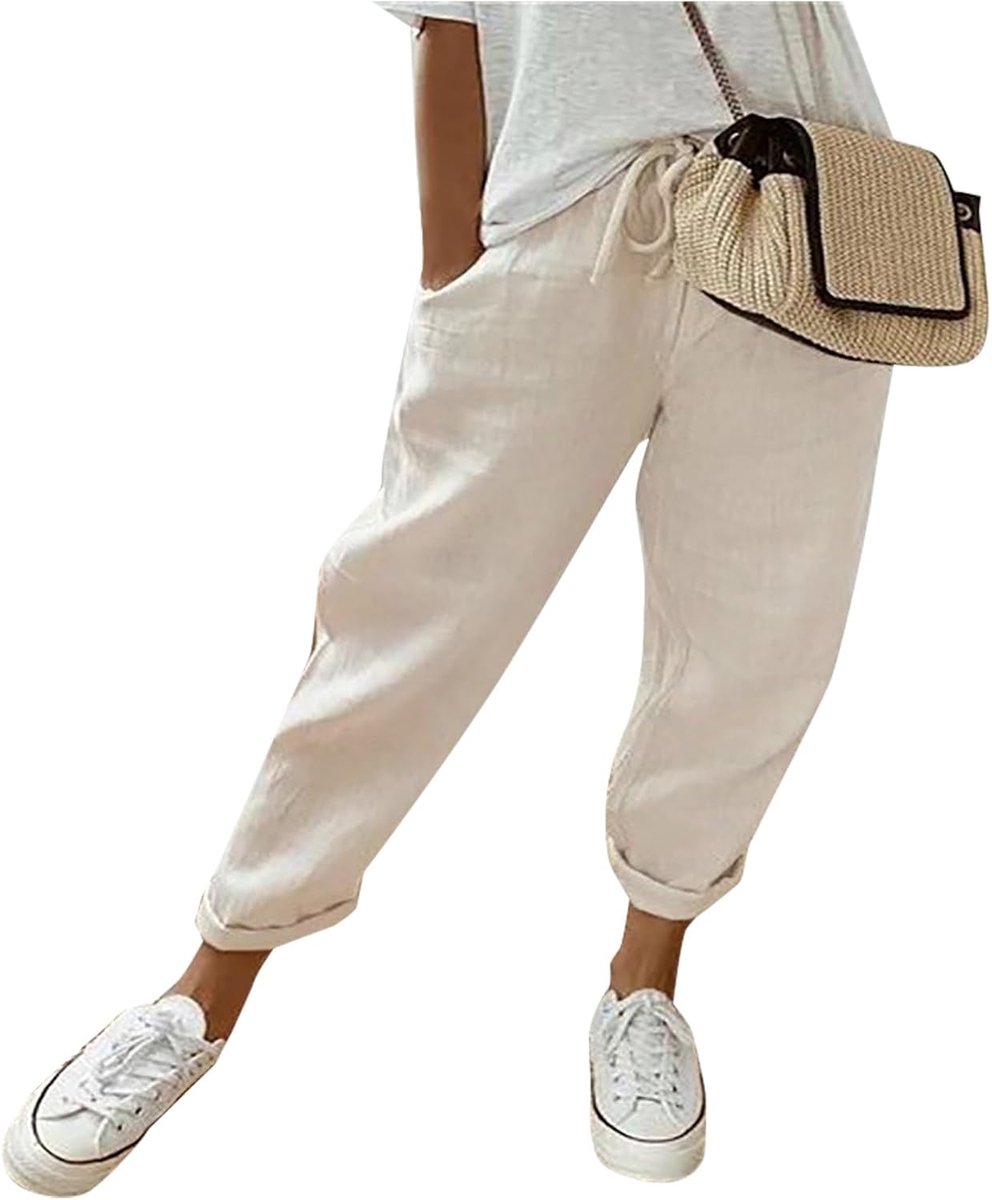 Linen damesbroek, zomer, knie lang, elastisch, hoge taille, blauw