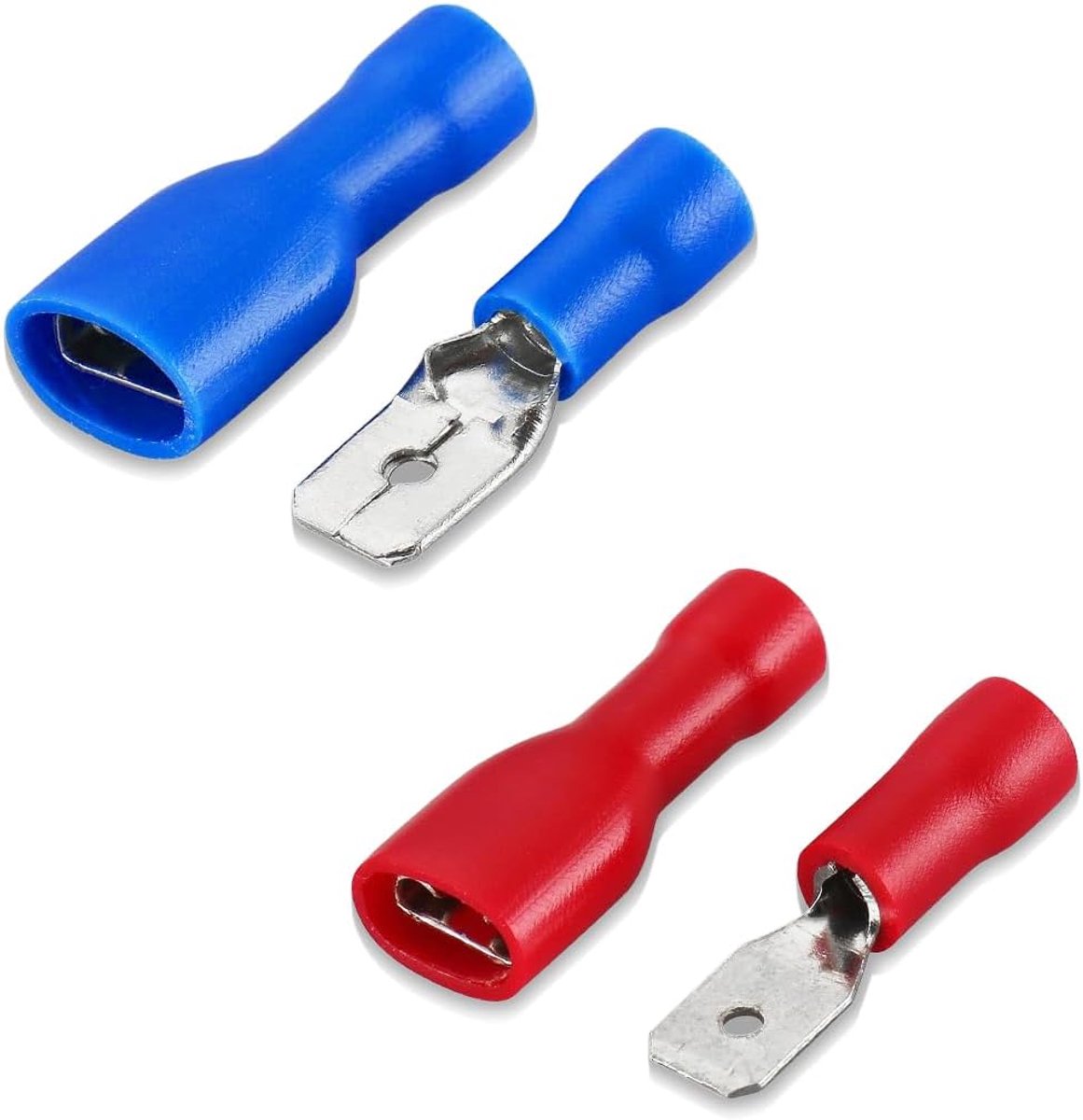 Snelverbinders van vinyl, volledig geïsoleerd, 6,3 x 0,8 mm, elektrische faston, rood voor 0,5-1,5 mm² (22-16 AWG), blauw voor 1,5-2,5 mm² (16-14 AWG), 80 stuks