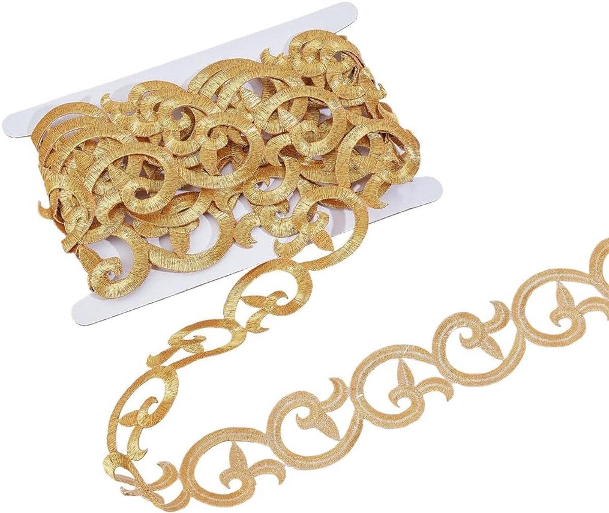 3.9 m 42mm Goldspitzen Applikations Bügelband Mit Aufbügelbarer Stickerei Metallisch Goldenen Gestickten Blättern Und Blüten Selbstklebend Aus Polyester Zum Nähen Für Kleiderherstellung Heim