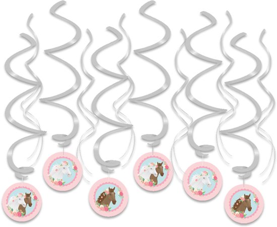 6 zilveren slingers met ronde hangers met paardenmotief en bloemen, voor kinderfeestjes.