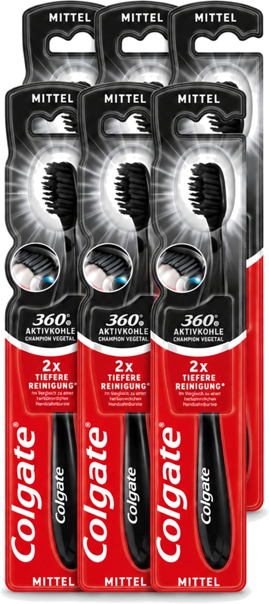6 x Colgate - Tandenborstel - Charcoal Black 360 Medium - Zwart - 1 Tandenborstel - Voordeelverpakking - 6 stuks