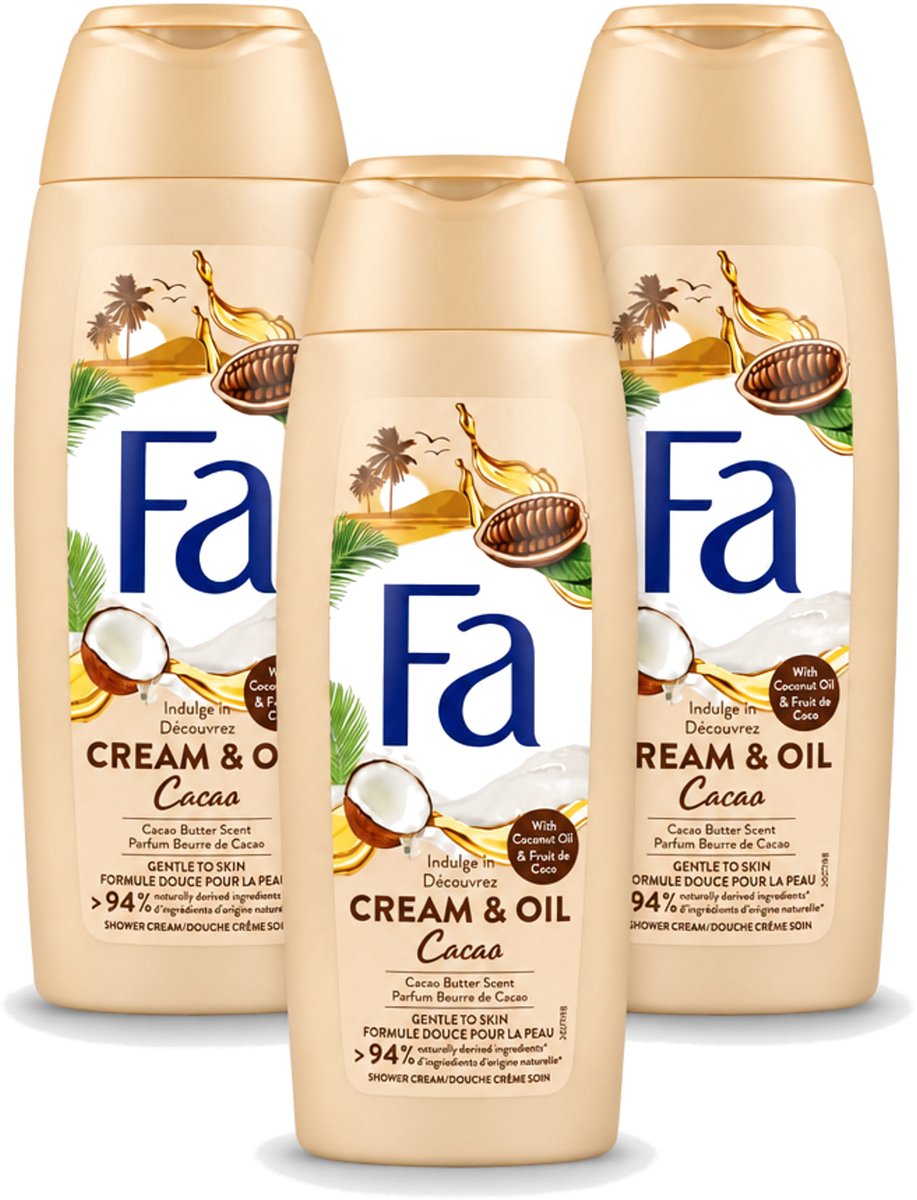 3 x Fa - Douchecrème - Room & Olie Kokosnuss Kakaoboter - Verzachtend & Voedend - 250 ml - Voordeelverpakking - 3 stuks