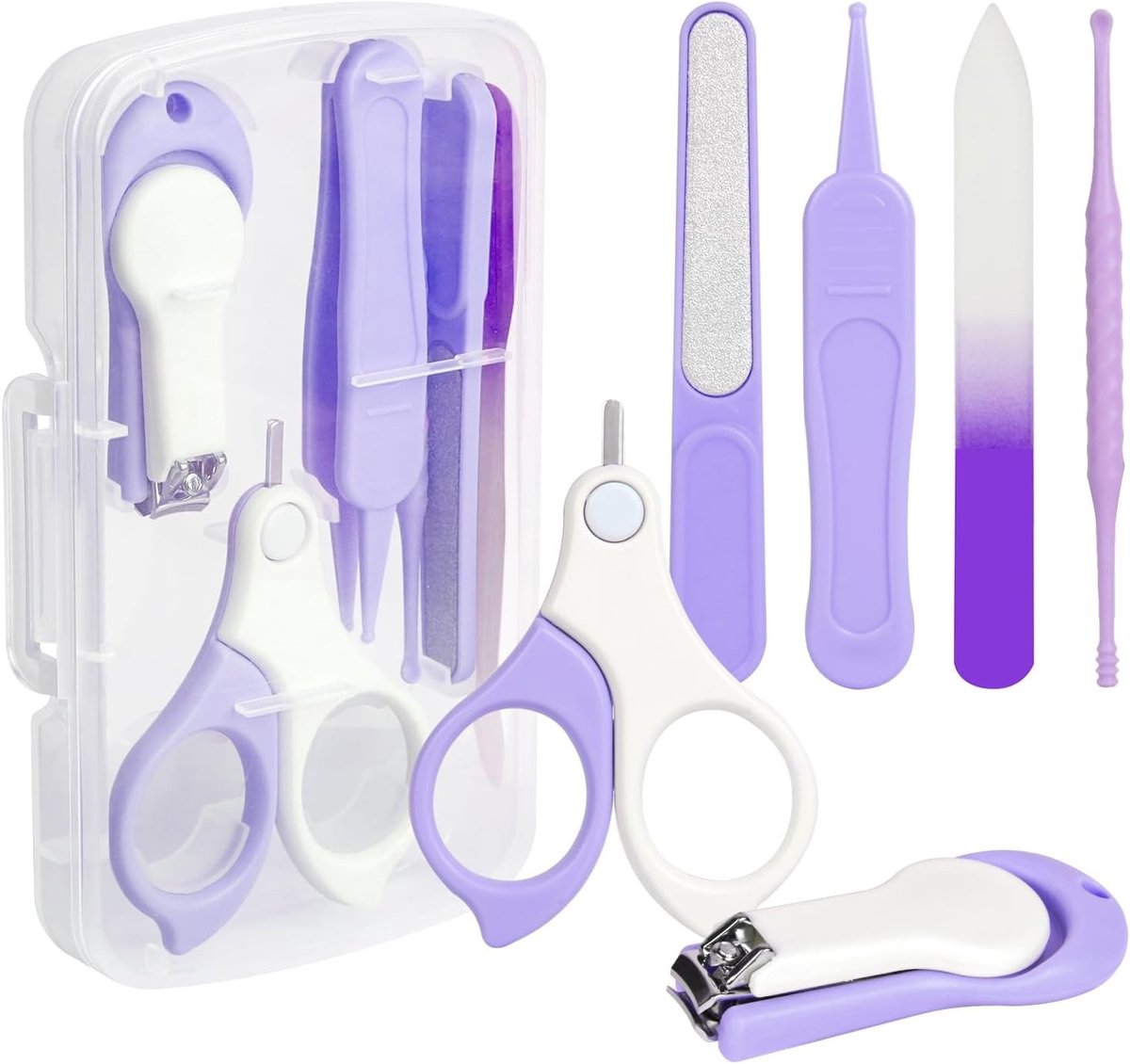 Complete Baby Verzorgingsset, 6 in 1 Manicure Set met Glazen Vijl, Scharen, Nagelknippers, Nagelvijl, Pincet en Oorreiniger voor Veilig en Gemakkelijk Gebruik (Paars)