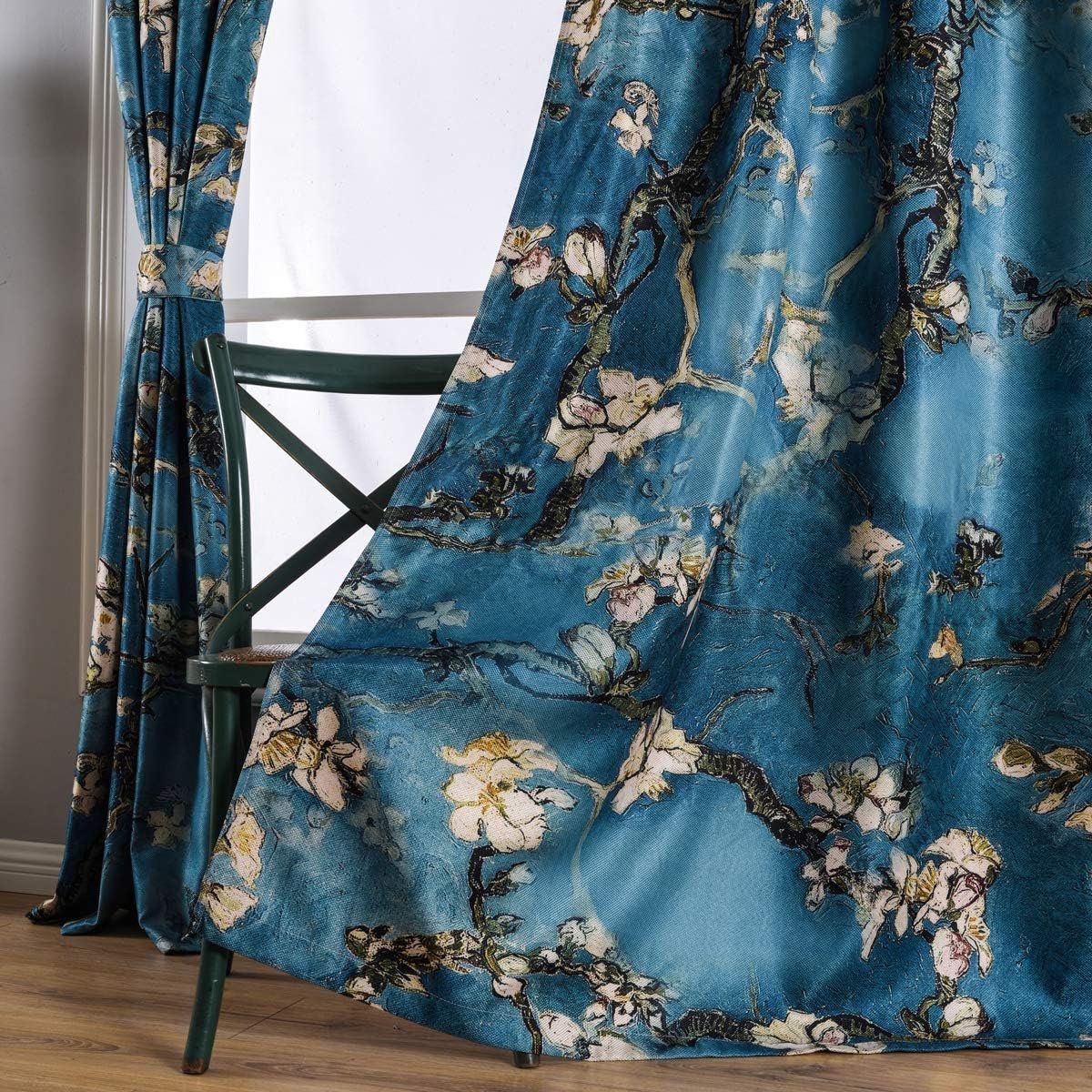 Home Chinese stijl pruimenbloesem gordijnen - blauwe artistieke print, 274 cm lang voor woonkamer, gepersonaliseerd patroon, 2 panelen set