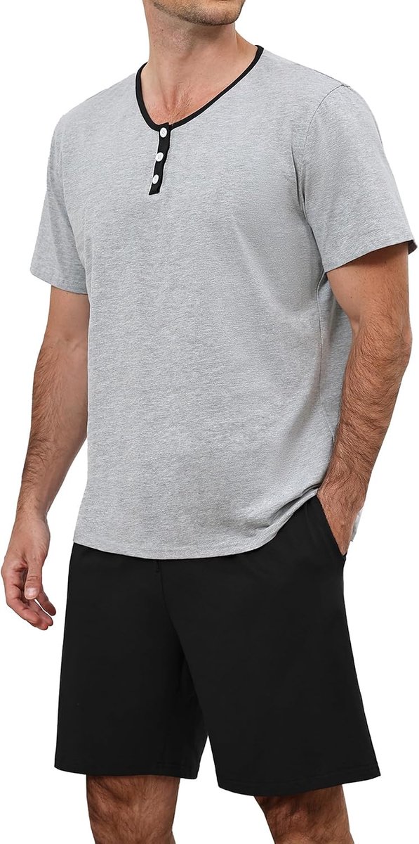 Zomerpyjama voor heren, korte katoenen tweedelige pyjama voor heren, korte mouwen, knopen, V-hals en korte shorts met zakken en trekkoord, licht, zacht, loungewear S-XXL