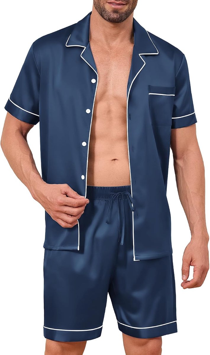 Zijden pyjama voor heren, set van satijnen zijde, tweedelige pyjama met korte mouwen, loungewear met knopen en zakken