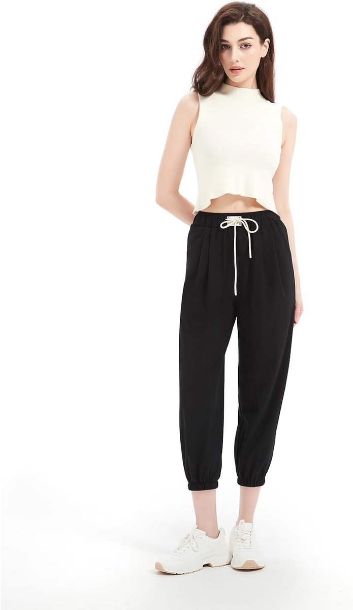 Capribroek voor dames, zomer, elastische taille met trekkoord, vloeiende damesbroek met strakke pijpen, 7/8, zachte stof, comfortabel voor werk, sport, ontspanning, vakantie